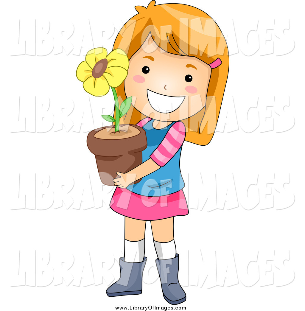 1024x1044 Clip Art Of A Happy White Red Haired Girl Holding A Potted Flower