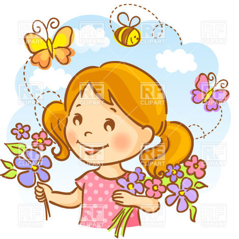 470x470 Happy Girl Holding Flowers On Sky Background With Flying Bees