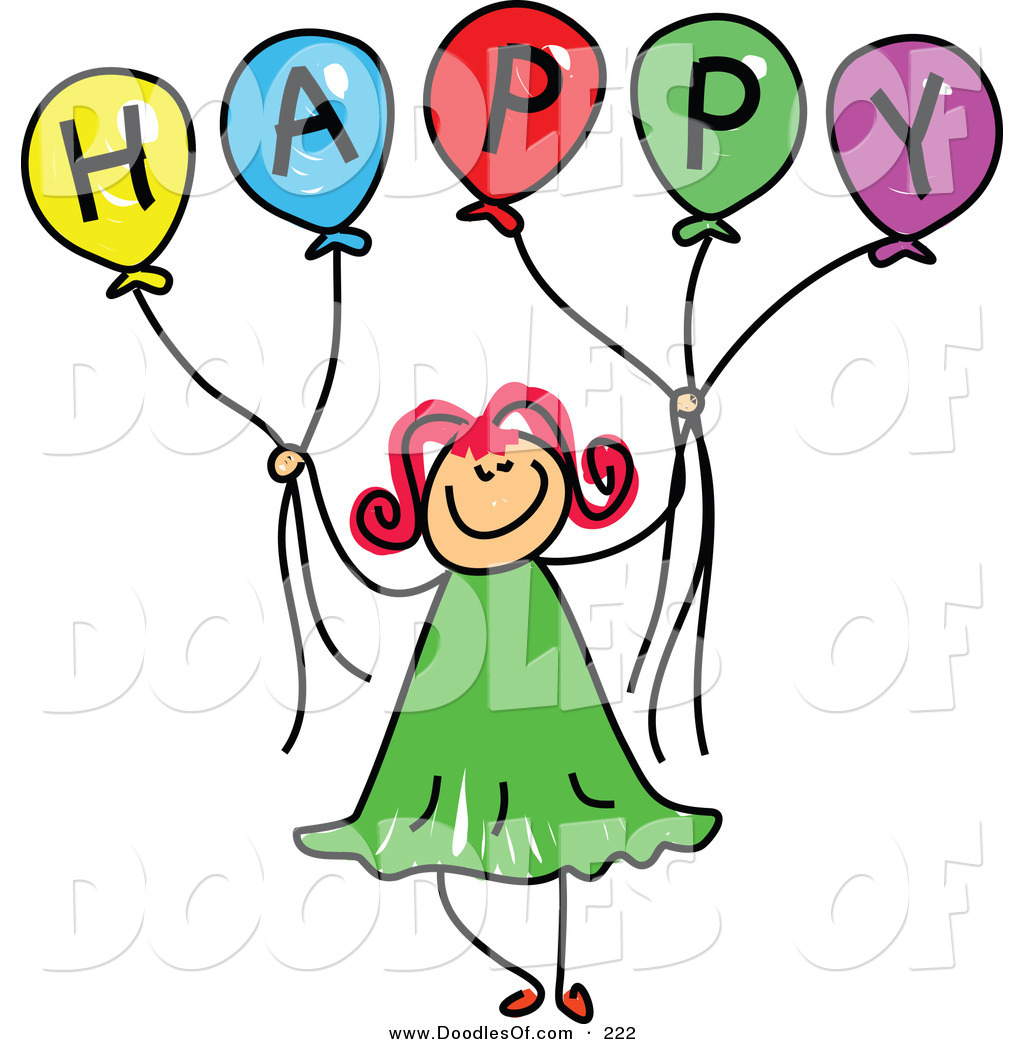 1024x1044 Vector Clipart Of A Childs Sketch Of A Happy Girl Holding Balloons