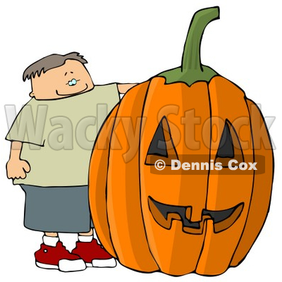 400x400 Boy Standing Beside A Big Pumpkin Carved Into A Jack O' Lantern