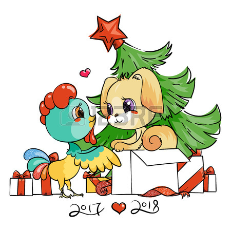 450x450 Funny Cartoon Card With Dog Rooster. Symbols Of 2017