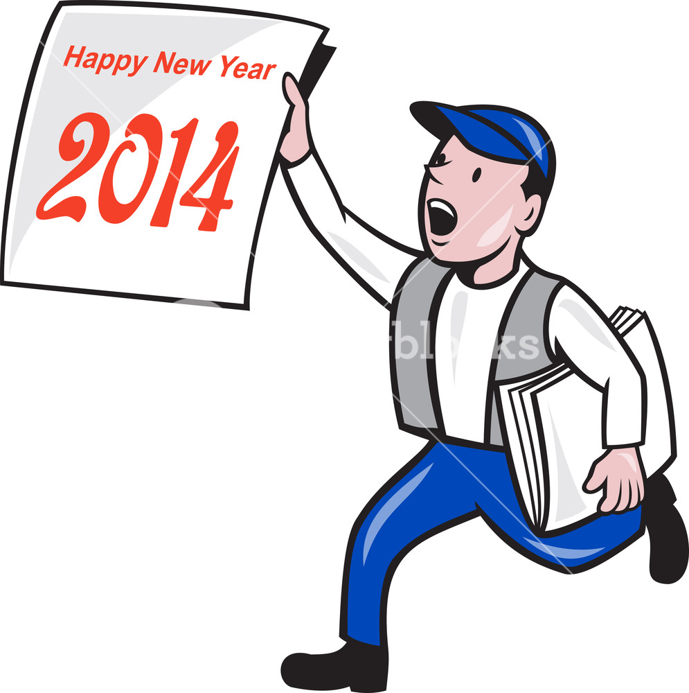 995x1000 New Year 2014 Newspaper Boy Showing Sign Cartoon Royalty Free