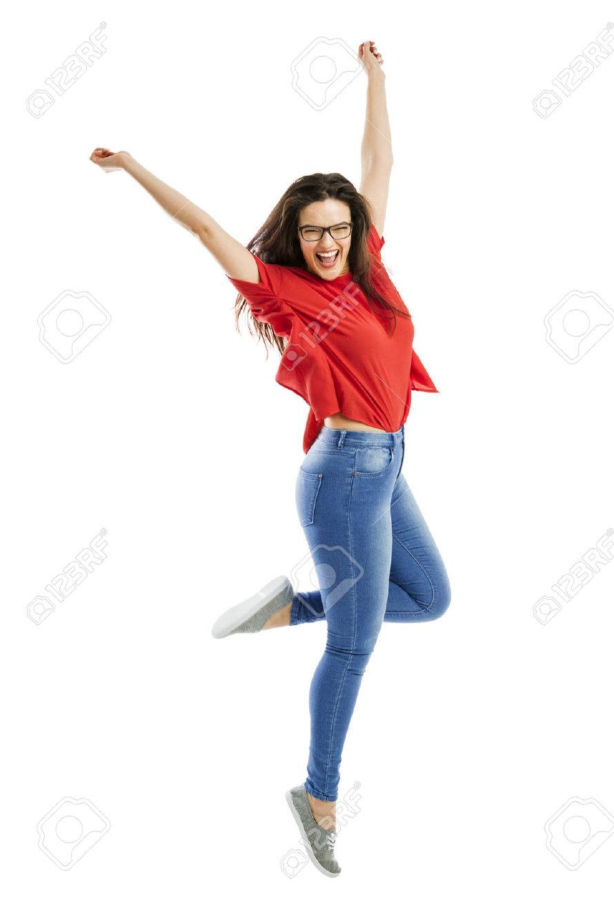 890x1300 Lovely Happy Woman Jumping Of Joy Stock Photo, Picture And Royalty