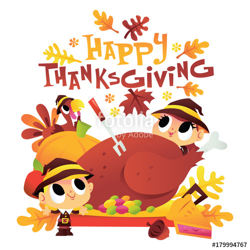 500x500 Cartoon Pilgrim Kids Around Turkey Dinner With Happy Thanksgiving