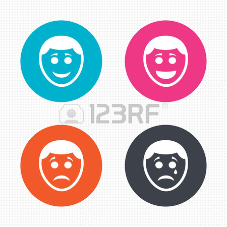 450x450 Circle Buttons. Speech Bubble Smile Face Icons. Happy, Sad, Cry
