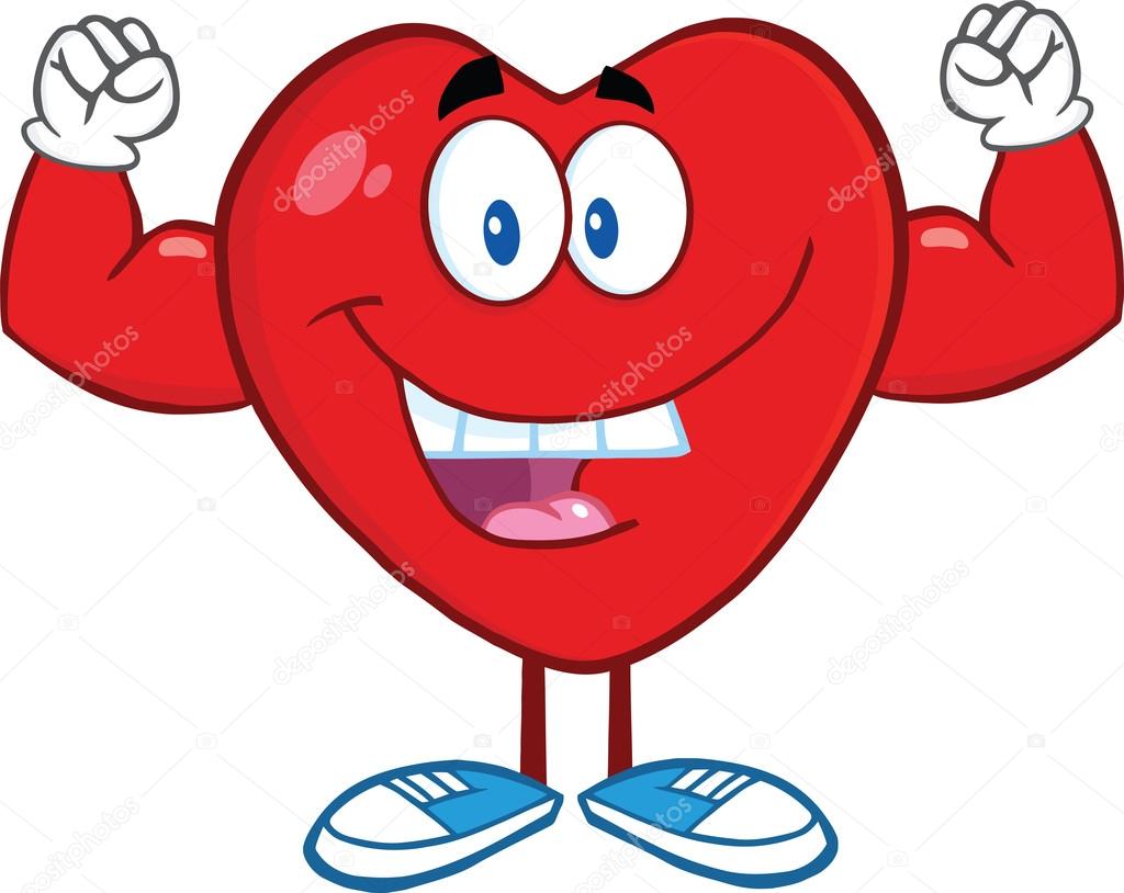 1024x814 Happy Heart Cartoon Character Showing Muscle Arms Stock Photo