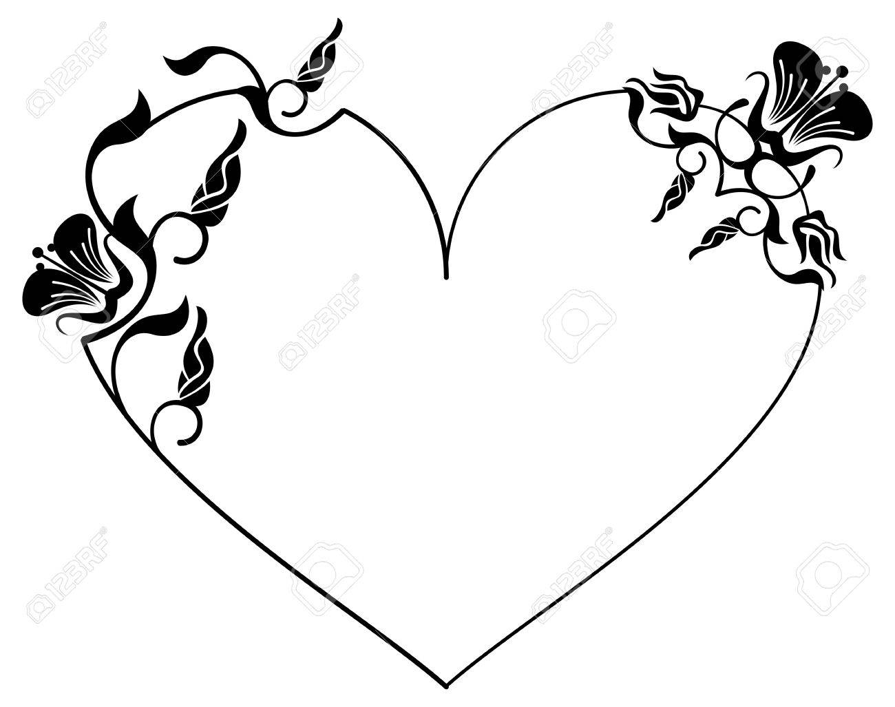 1300x1027 Heart Shaped Silhouette Frame With Decorative Flowers. Vector