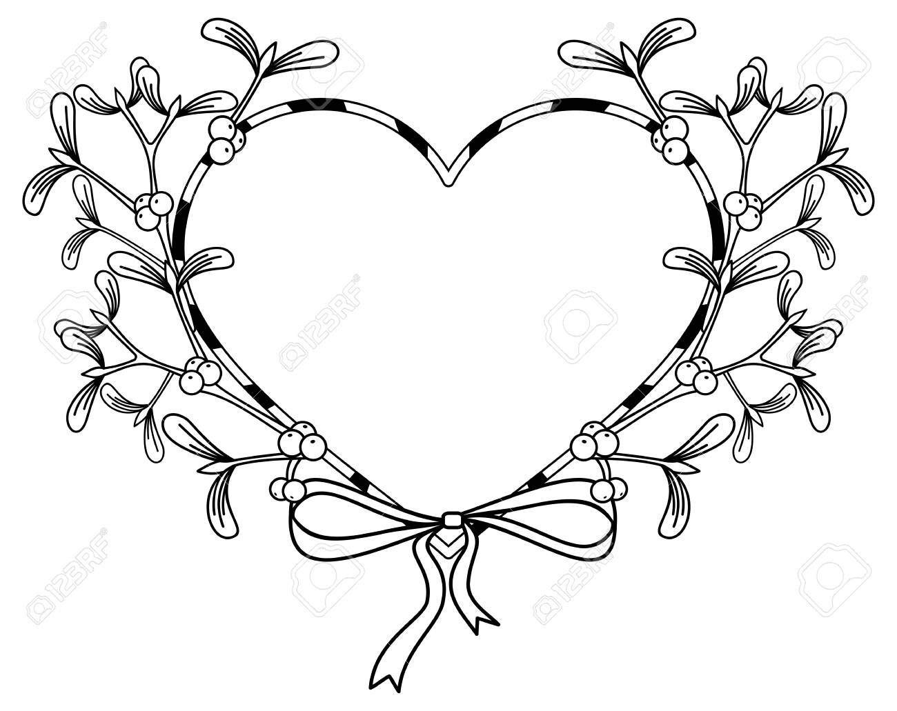 1300x1031 Heart Shaped Frame And Mistletoe. Copy Space. Outline Vector