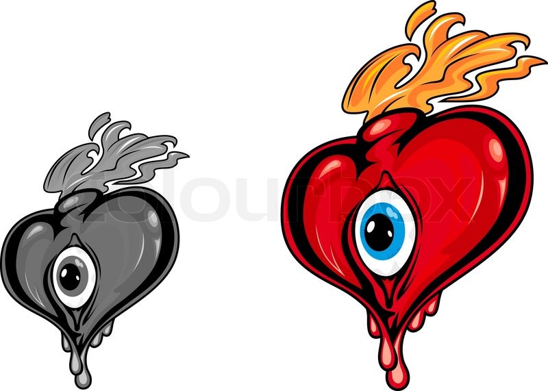 800x571 Retro Heart With Eye And Fire Flames For Tattoo Design Stock