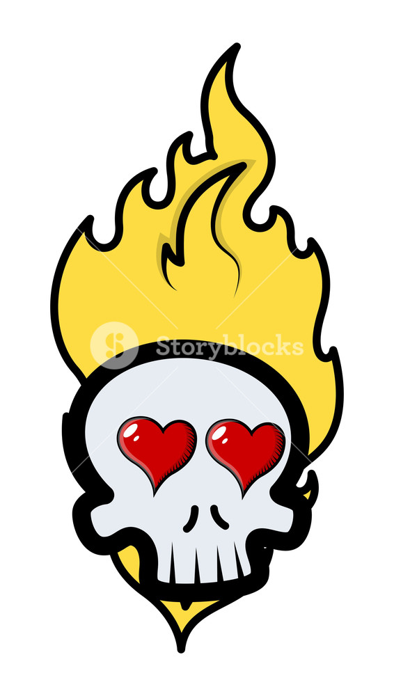 566x1000 Funny Romantic Skull Tattoo With Flames And Hearts