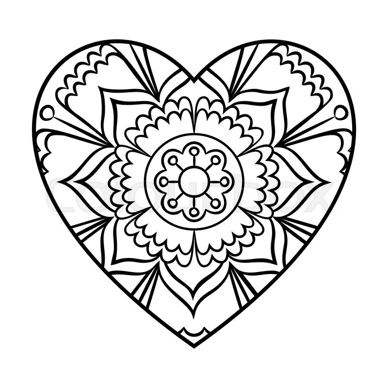 800x800 Doodle Heart Mandala Coloring Page. Outline Floral Design Element