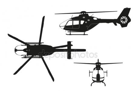 450x300 Black Silhouette Of Helicopter On White Background. Top, Side