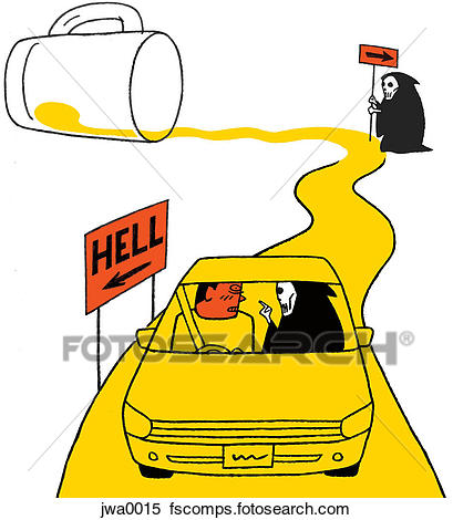 409x470 Stock Illustration Of A Man Driving To Hell On A Road Of Spilt