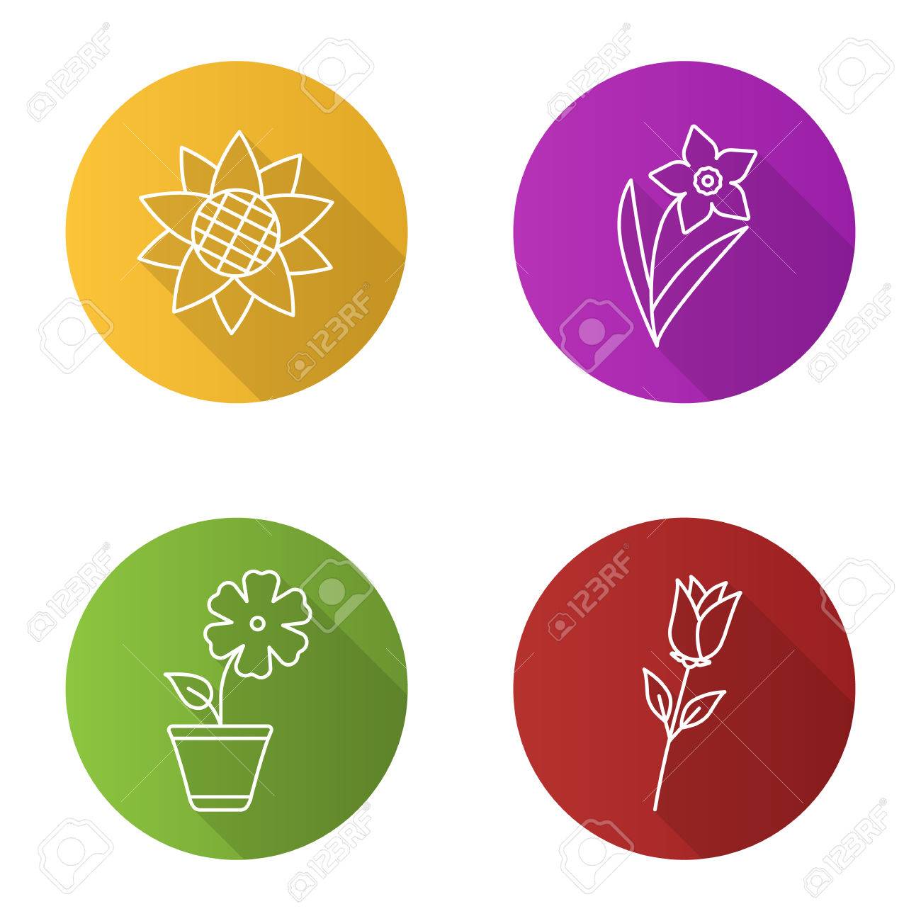 1300x1300 Flowers Flat Linear Long Shadow Icons Set. Sunflower Head