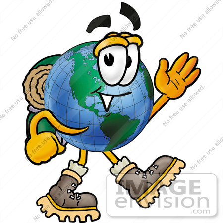 450x450 Clip Art Graphic Of A World Globe Cartoon Character Hiking