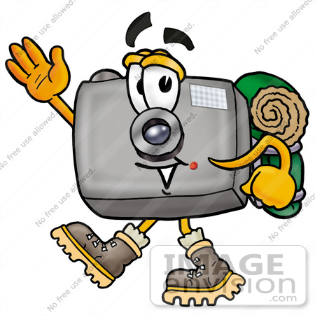 450x450 Clip Art Graphic Of A Flash Camera Cartoon Character Hiking