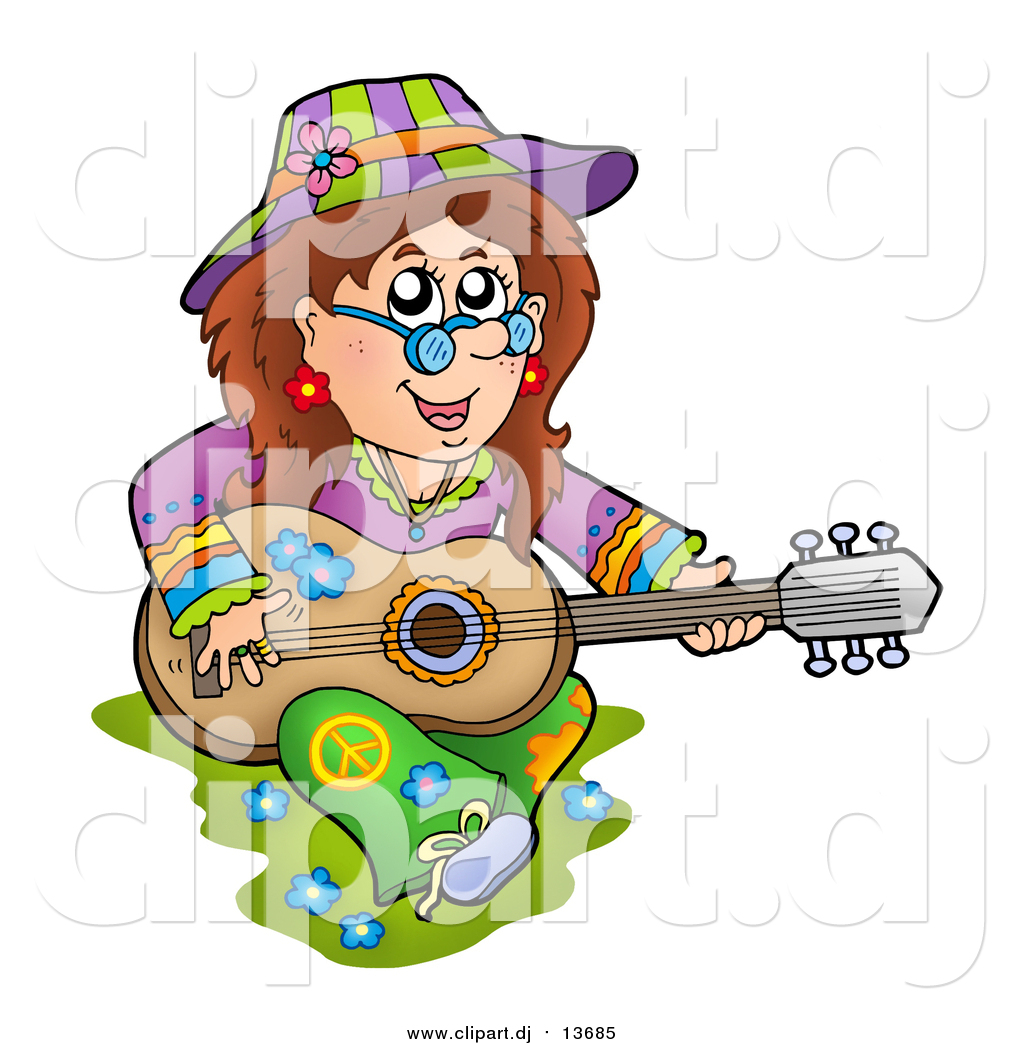 1024x1044 Cartoon Vector Clipart Of A White Hippie Lady Playing A Guitar By