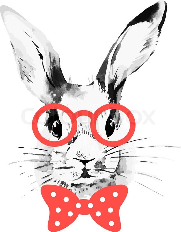 625x800 Hipster Rabbit. Hand Drawn Watercolor Sketch Portrait Stock
