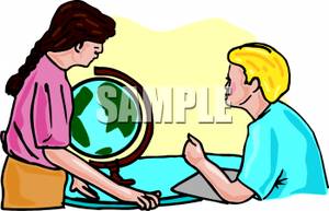 300x193 Colorful Cartoon Of Students Examining A Globe In History Class