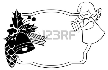 450x293 Black And White Christmas Frame With Cute Angels. Copy Space