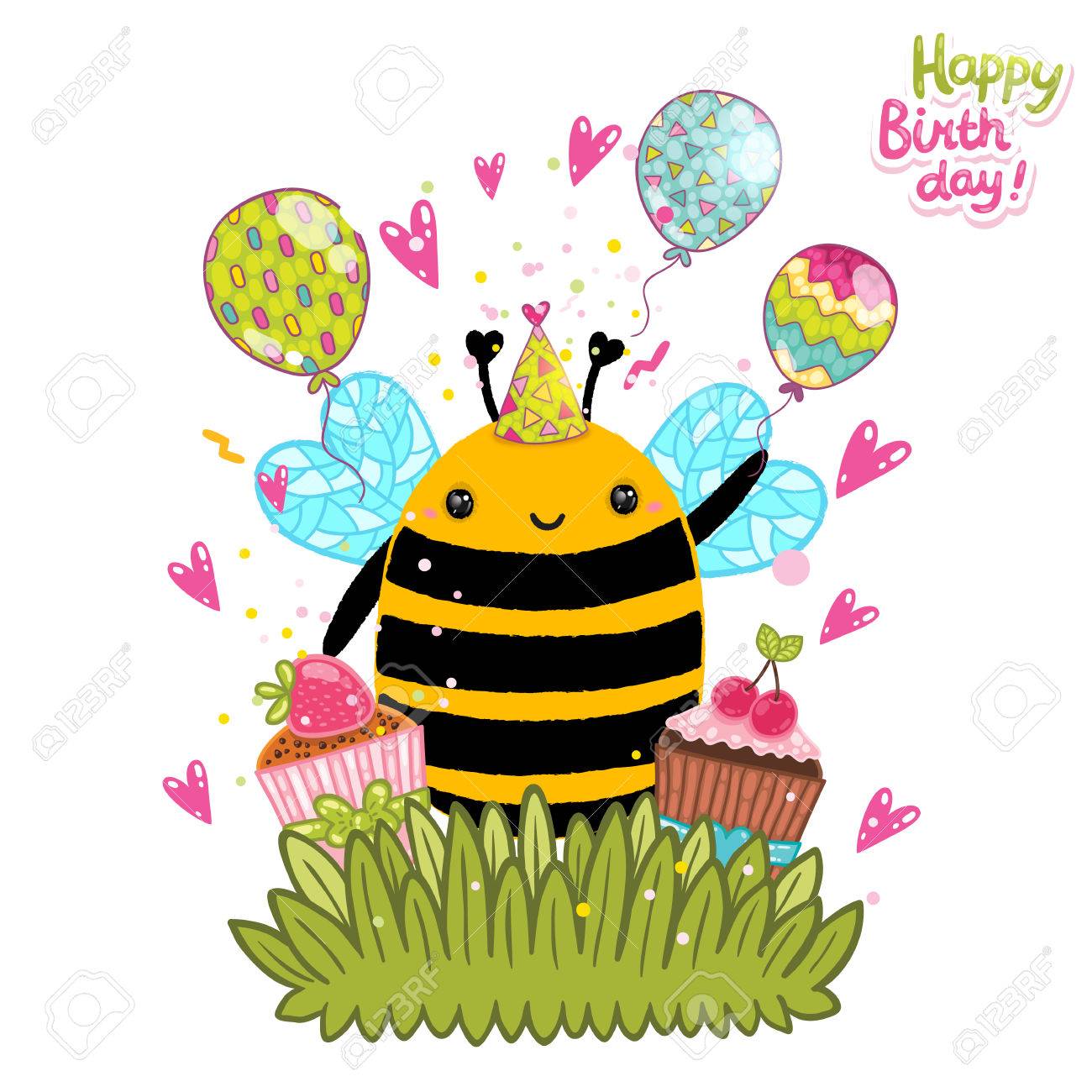 1300x1300 Happy Birthday Card Background With A Bee. Vector Holiday Party