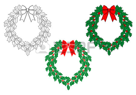 450x317 Christmas Wreath With Holly, Berries And Ribbons For Holiday