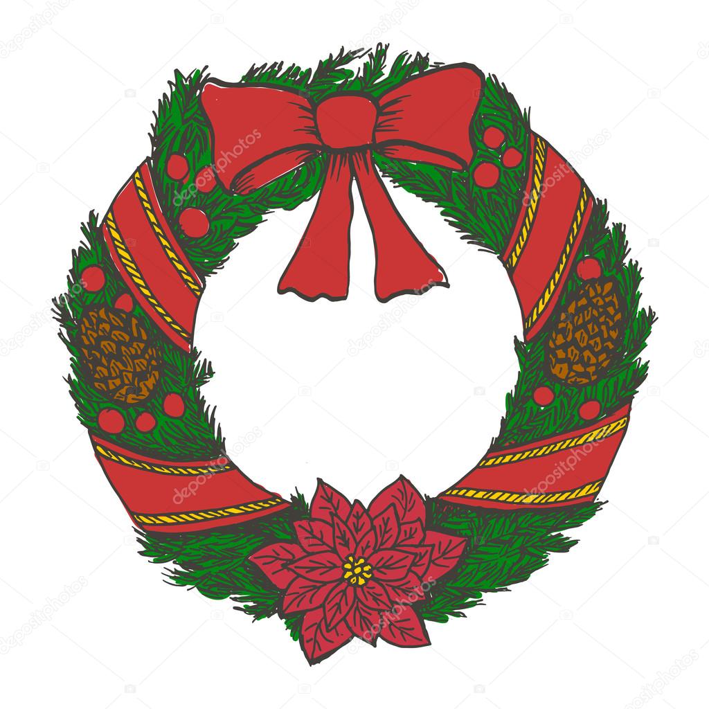1024x1024 Hand Drawn Doodle Christmas Wreath. Color Objects Drawing. Design