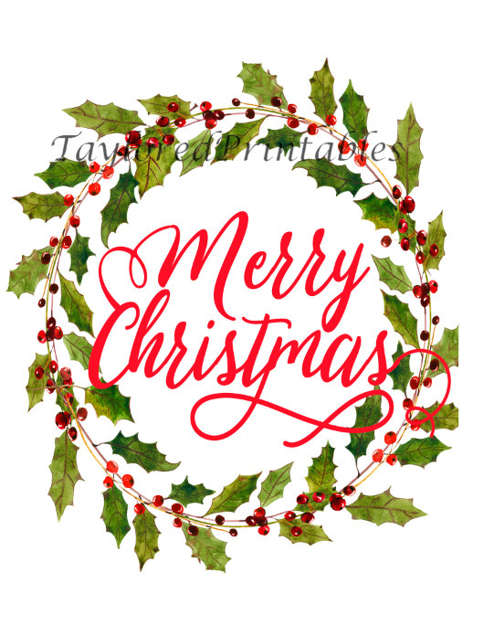 541x684 Christmas Printable Card, Merry Christmas Holly Berry Wreath