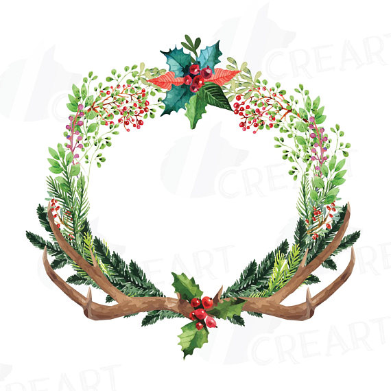 570x570 Christmas Wreath With Deer Horn Clip Art, Holiday Wreath With Deer