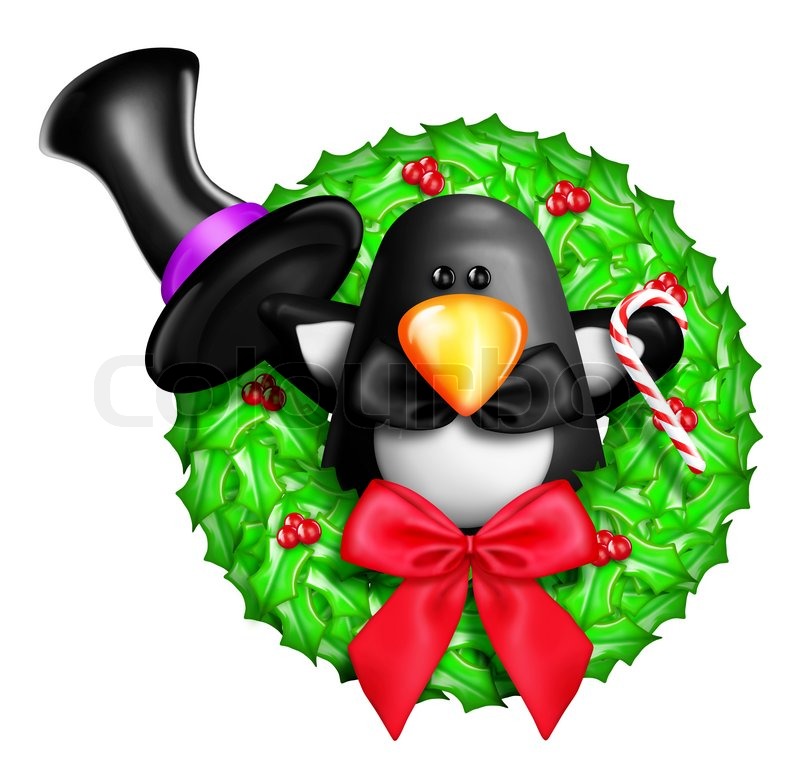 800x778 Whimsical Cartoon Christmas Wreath With Penguin Stock Photo