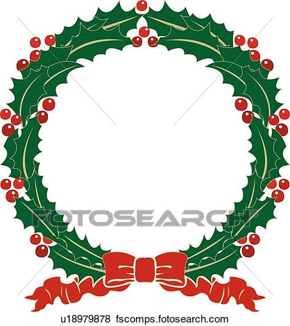 418x470 Clip Art Of Holly Wreath With Red Ribbon U18979878