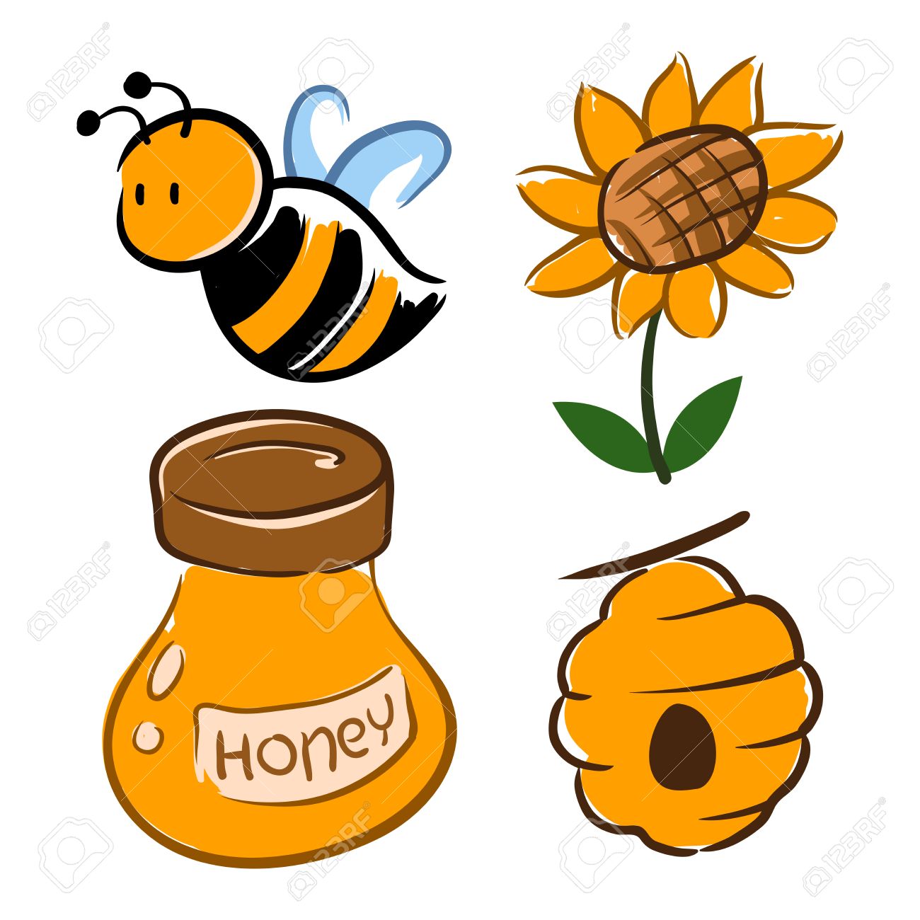 1300x1300 Hand Drawing Of Bumblebee With Flower And Honey Jar, Vector