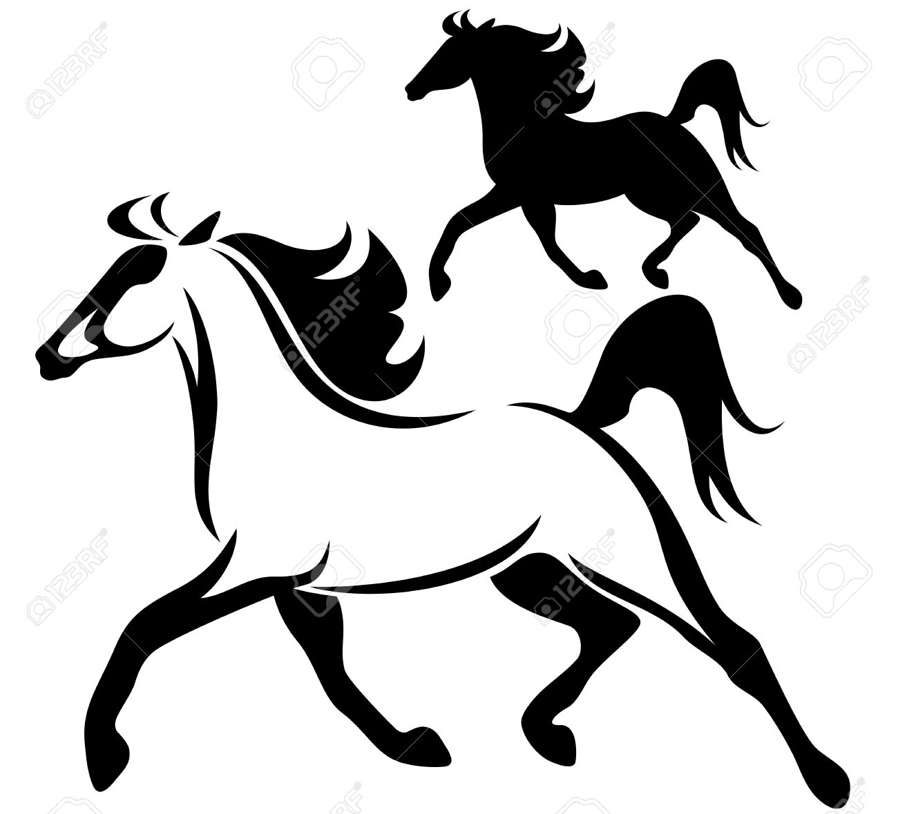 1300x1179 Running Horse Black And White Vector Outline And Silhouette