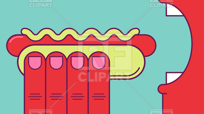 400x225 Hand Holding Hot Dog With Sausage And Mustard. Mouth Is Opened