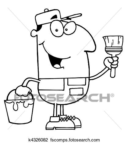 423x470 Clipart Of Outlined House Painter K4326082