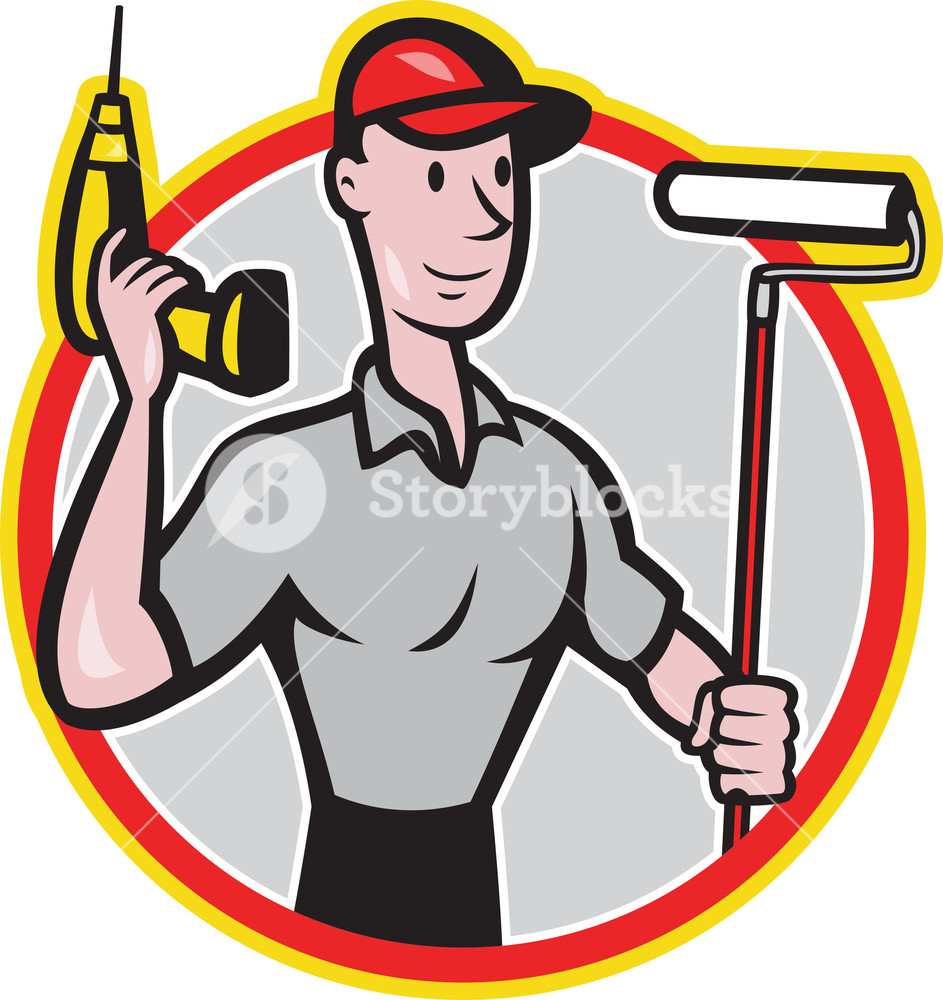 943x1000 House Painter Paint Roller Handyman Cartoon Royalty Free Stock