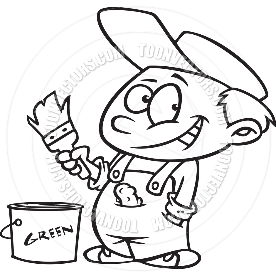 940x940 Cartoon House Painter Boy (Black And White Line Art) By Ron