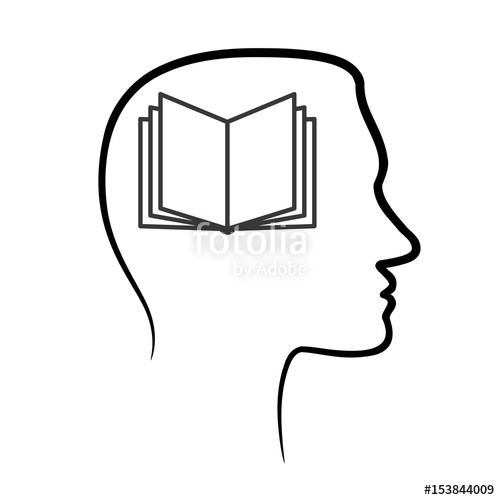 500x500 Outline Design Icon With Human Head, Brain And Open Book. Abstract