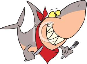 300x222 A Hungry Shark A Fork And Knife Clip Art Image