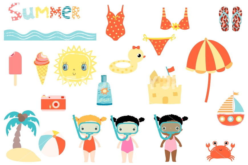 870x579 Cute Summer Clipart Set, Beach Holiday Clip Art, Sun, Snorkel Girl