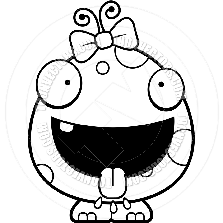 940x940 Cartoon Baby Girl Alien Monster Hungry (Black And White Line Art