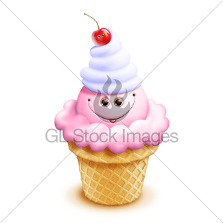 325x325 Whimsical Kawaii Cute Cartoon Ice Cream Cone With Strawberry Gl