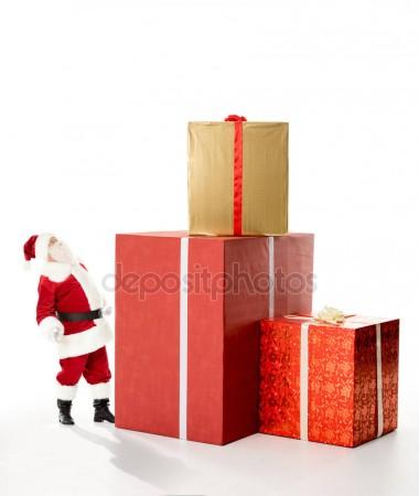 380x450 Santa Claus With Pile Of Christmas Gifts Stock Photo