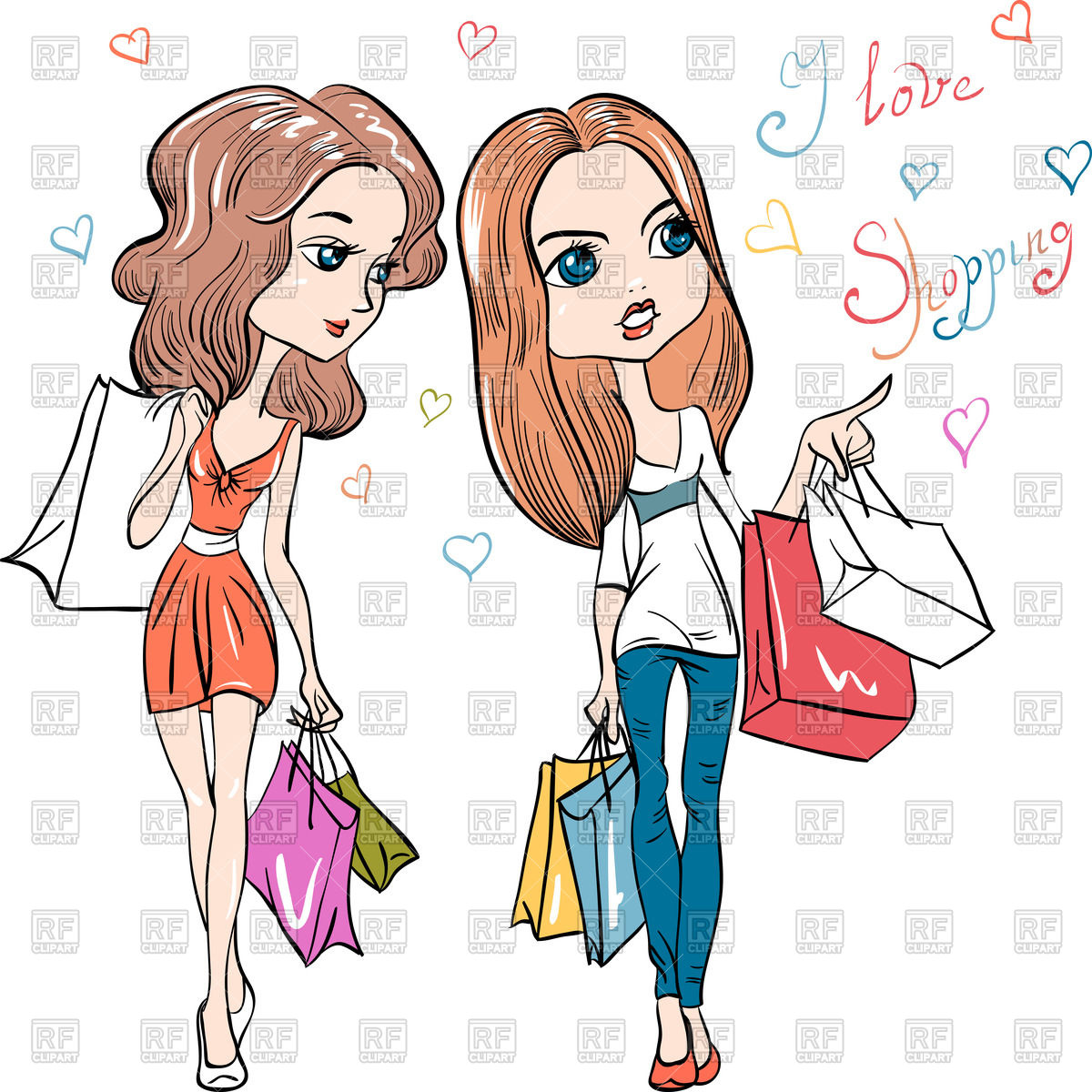 1200x1200 Cartoon Fashion Girls With Shopping Bags Royalty Free Vector Clip