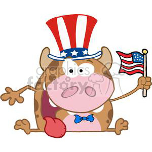 300x300 Royalty Free Patriotic Calf Cartoon Character Waving An American