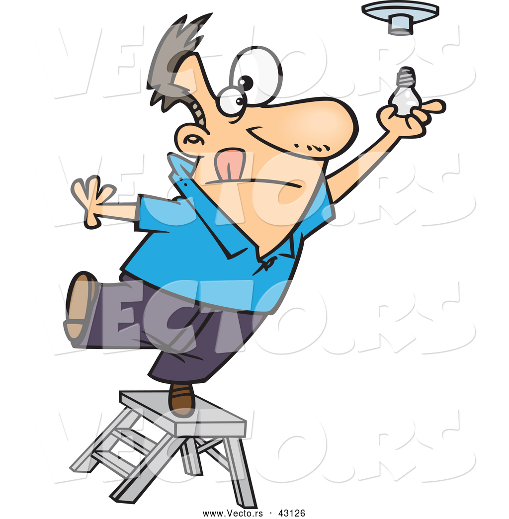 1024x1044 Vector Of A Short Cartoon Man Standing On A Ladder While Trying