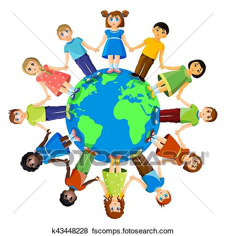 450x470 Clip Art Of Different Children Standing Around Earth Planet