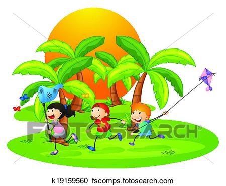 450x370 Clipart Of Kids Playing In The Island Near The Palm Trees