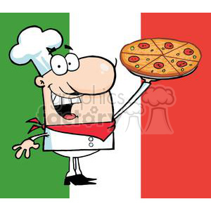 300x300 Royalty Free A Proud Chef Holds Up Pizza In Front Of Italian Flag