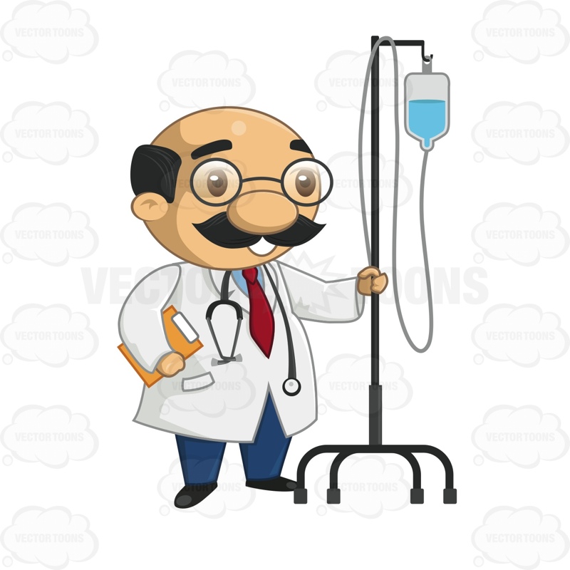 800x800 Short Male Doctor Standing While Holding An Iv Cart Cartoon